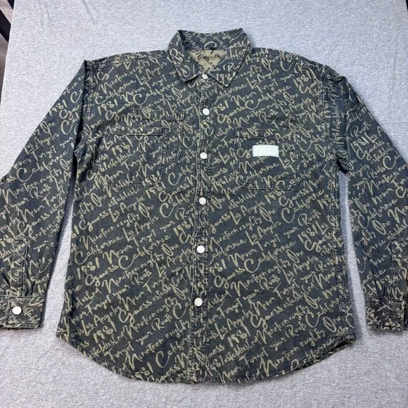 BEDXXSAUSUP Mens Script Print Denim Shirt Los Angeles California Black Gold - Picture 2 of 9